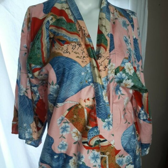 ICHI BAN Oriental 100% Cotton Floral Kimono Robe Made in Japan Vtg - Picture 2 of 8